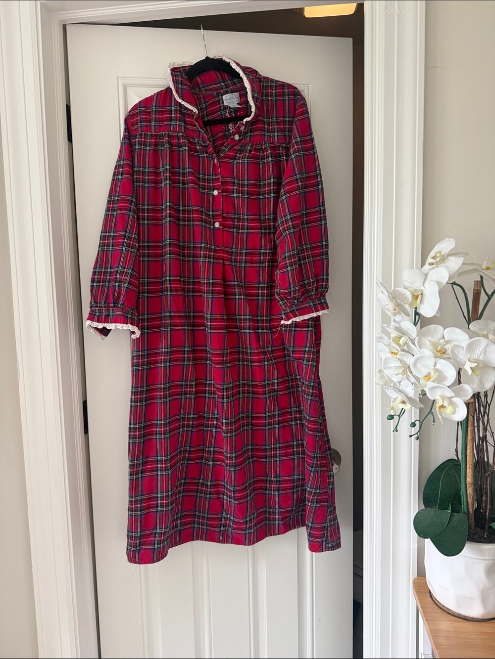 Women’s Red Plaid Nightgown with Lace Trim medium 100% cotton